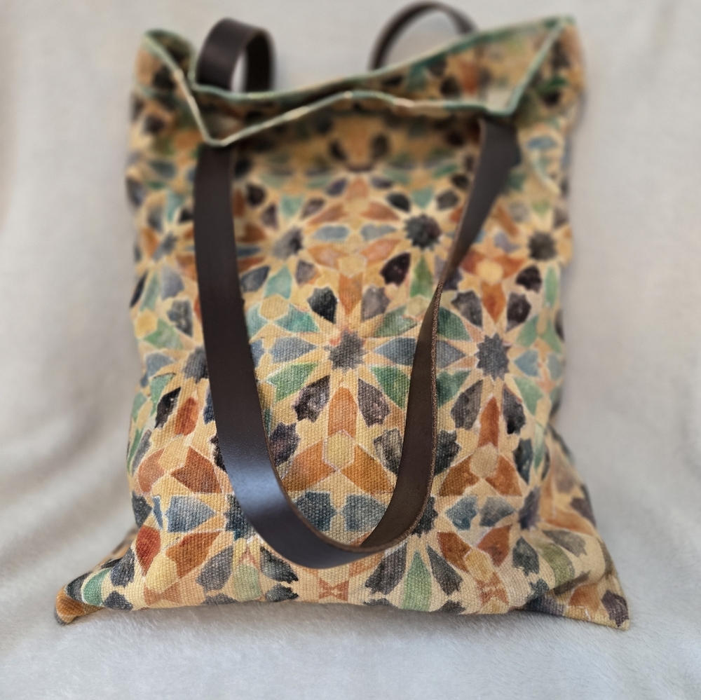 Multicolor Patterned Tote Bag with Brown Leather Straps